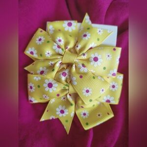 Yellow Floral Grosgrain Hair Bow with Pinwheel Design